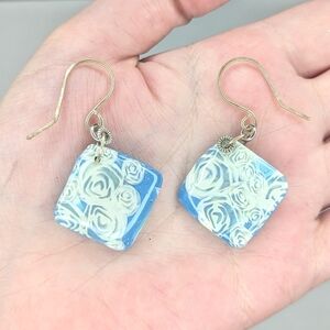 Blue and White Rose Earrings